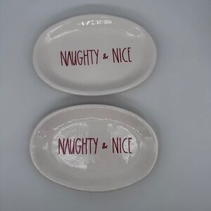 Rae Dunn Naughty & Nice Ceramic Christmas Plate Set of 2 White Red Holiday Decor